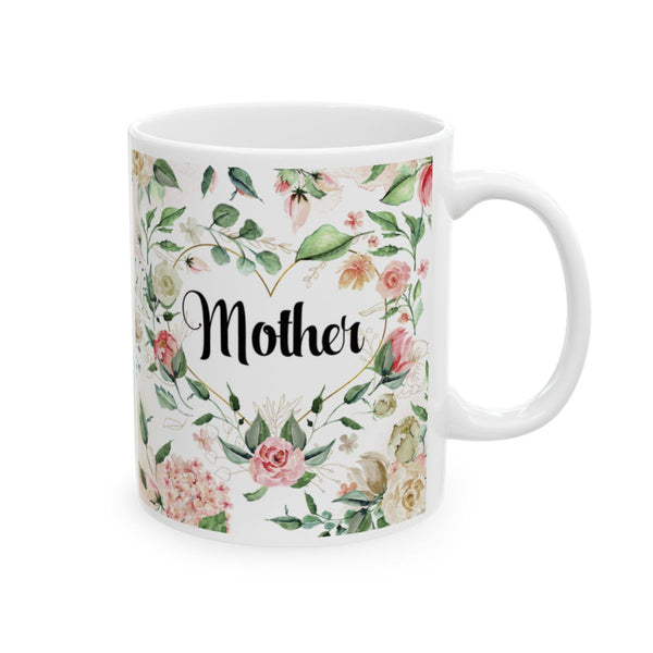 White mug with floral design and 'Mother' text on a white background