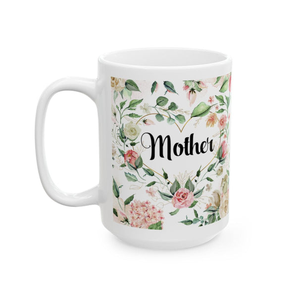 White mug with floral design and 'Mother' text on a white background