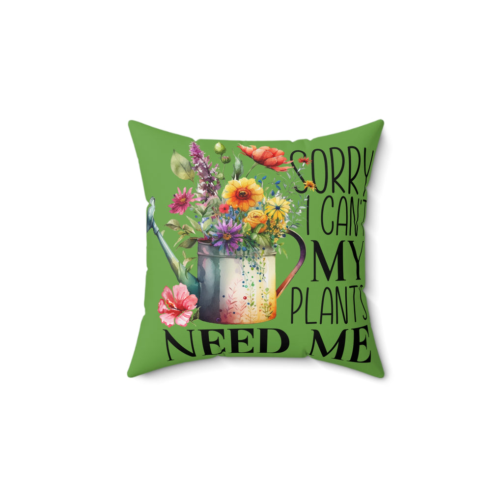 Decorative pillow with floral design and text on a green background