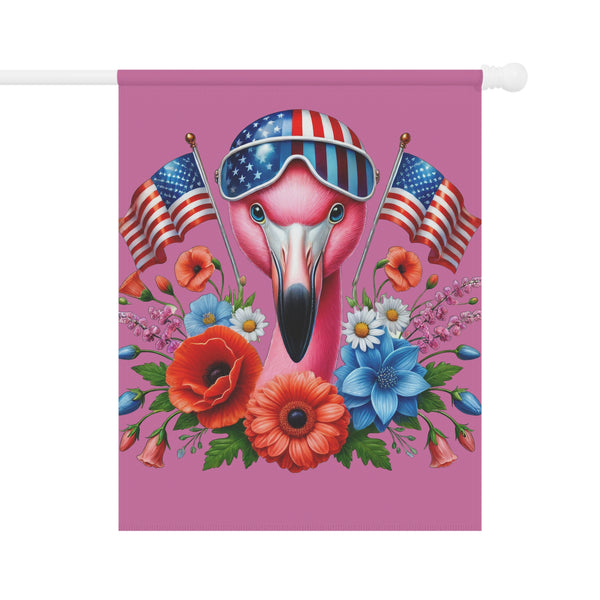 Flamingo flag with American flags and flowers on a pink background