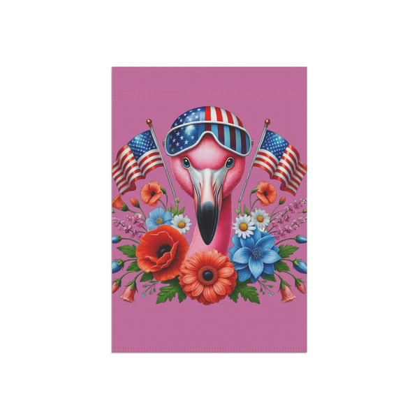 Flamingo wearing an American flag helmet with flowers on a pink background