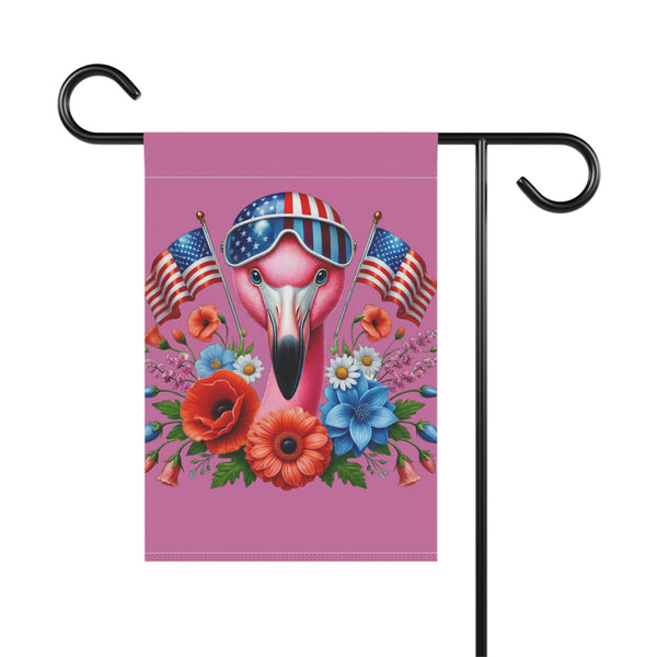 Flamingo garden flag with American flags, flowers, and sunglasses on a pink background