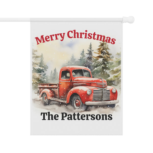 Decorative Christmas banner with a red truck and 'Merry Christmas The Pattersons' text.