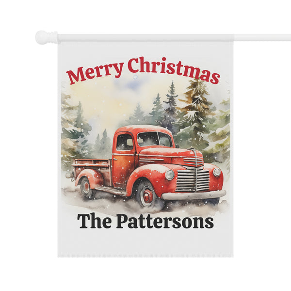 Decorative Christmas banner with a red truck and 'Merry Christmas The Pattersons' text.