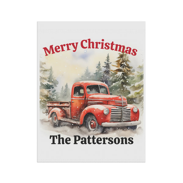 Christmas card with a red truck and snowy trees, personalized for 'The Pattersons'.