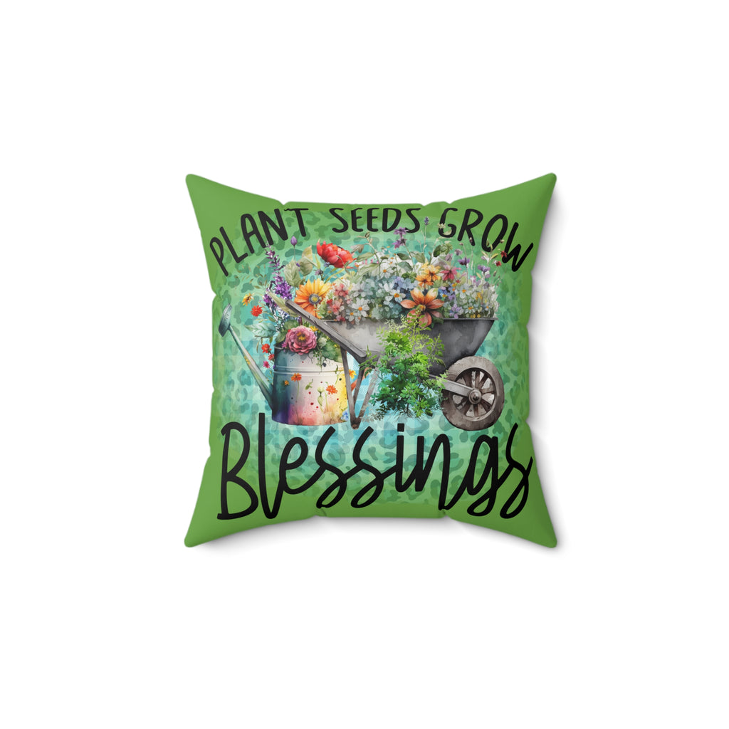 Decorative pillow with gardening design and text on a white background