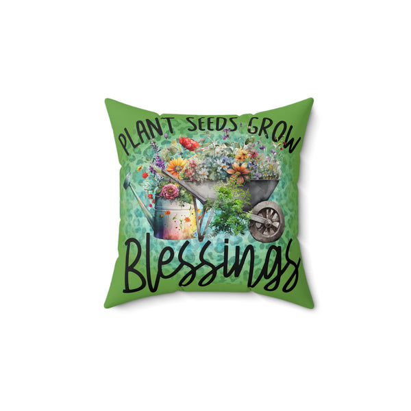 Decorative pillow with gardening design and text on a white background