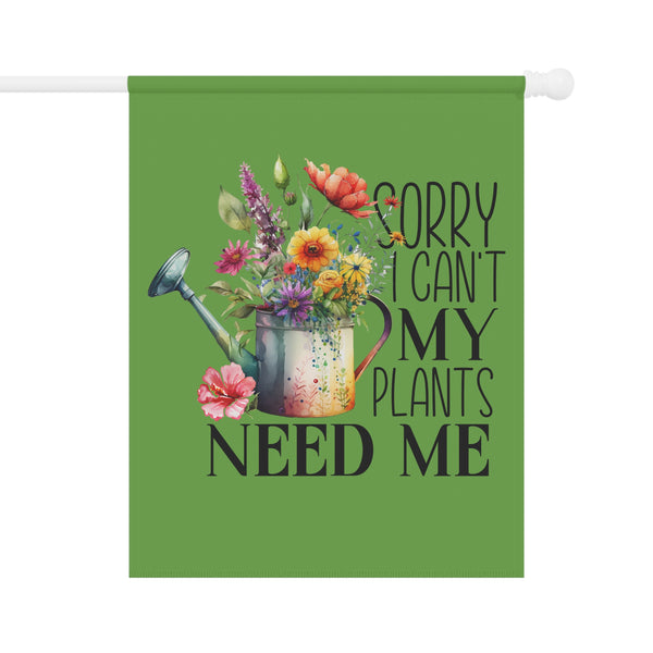 Decorative flag with a watering can and flowers on a green background