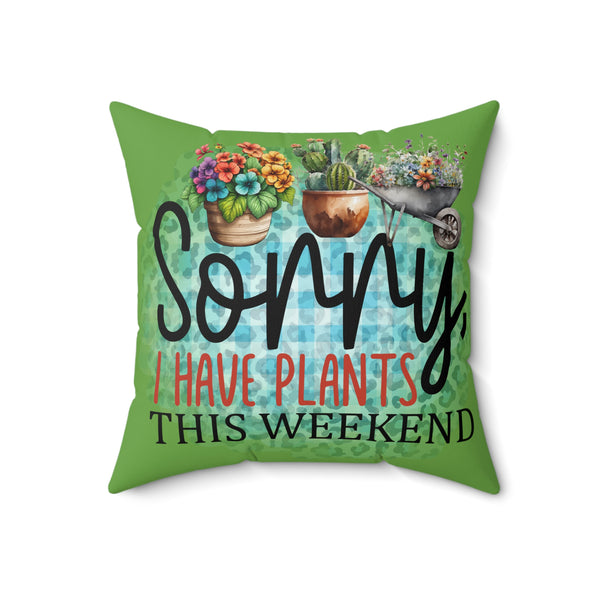 Decorative pillow with plant-themed text and images on a green background