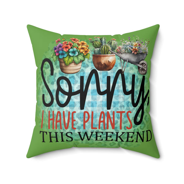 Decorative pillow with plant-themed text and images on a green background