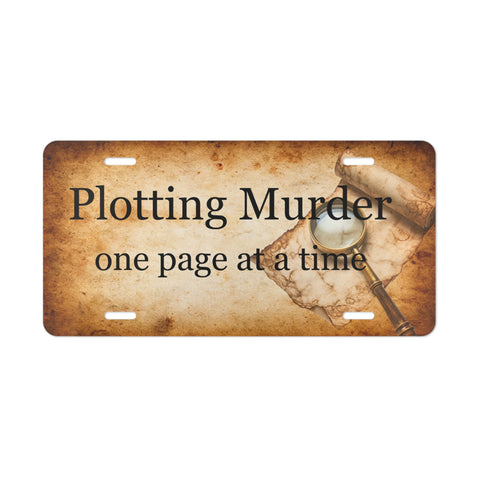 License plate with 'Plotting Murder one page at a time' text and magnifying glass graphic on a vintage background.