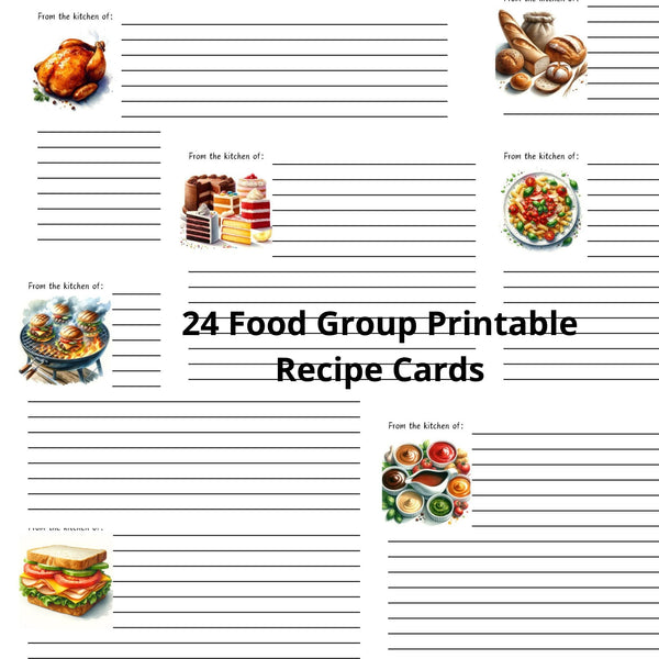 Print at Home Recipe Cards, Set of 24 Food Groups, Recipe Card Set, Blank Recipe Card, Digital Printable Recipe Cards, 3x5 4x6 Recipe Cards