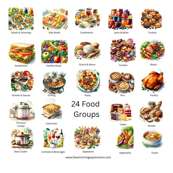 Print at Home Recipe Cards, Set of 24 Food Groups, Recipe Card Set, Blank Recipe Card, Digital Printable Recipe Cards, 3x5 4x6 Recipe Cards