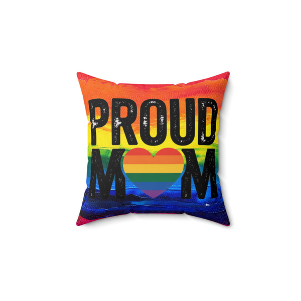 Pillow with rainbow design and 'PROUD MOM' text on a white background