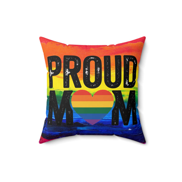 Pillow with rainbow design and 'PROUD MOM' text on a white background