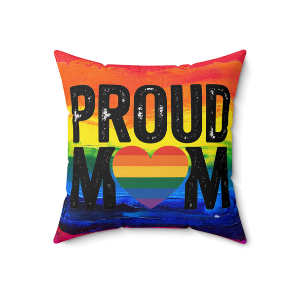 Pillow with rainbow design and 'PROUD MOM' text on a white background