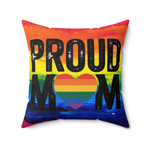 Pillow with rainbow design and 'PROUD MOM' text on a white background