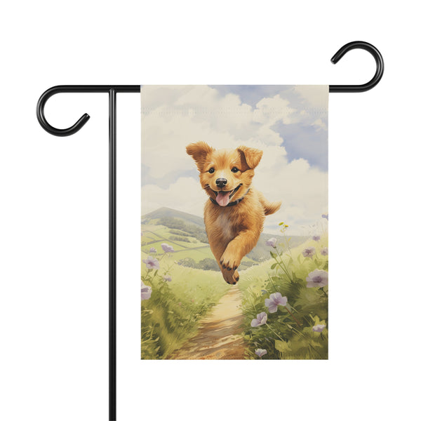 Garden flag with a design of a puppy running on a path with flowers and mountains in the background.
