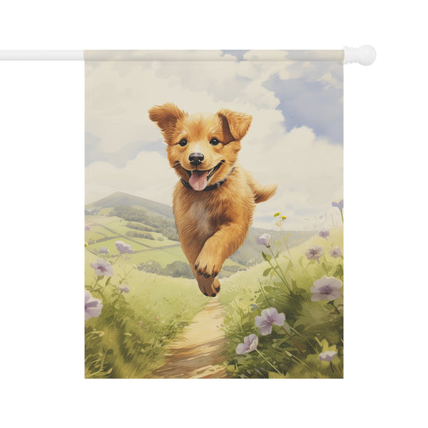 Decorative flag with a cartoon dog running on a path with flowers and mountains in the background.