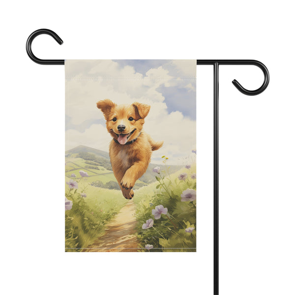 Garden flag with a dog flying over a field on a white background