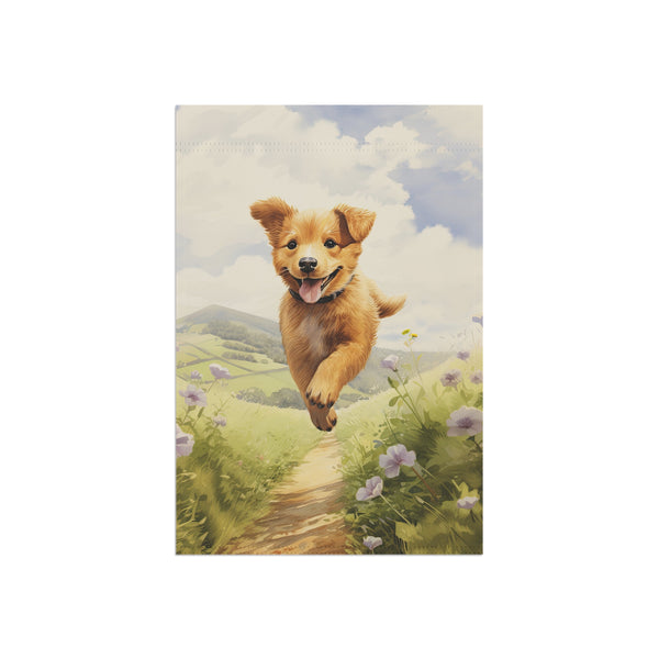 Illustration of a puppy flying over a scenic landscape with a path and flowers.