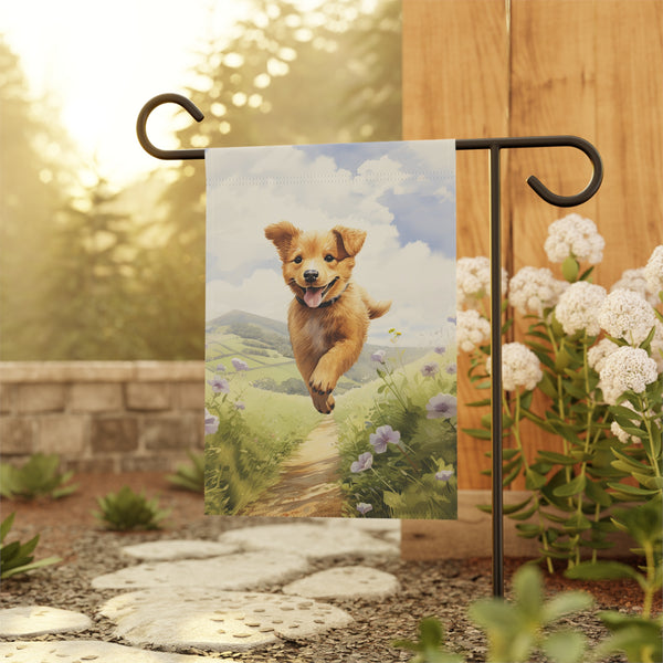 Garden flag with a dog design hanging outdoors on a metal stand.