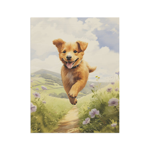 Illustration of a puppy flying over a landscape with mountains and flowers.