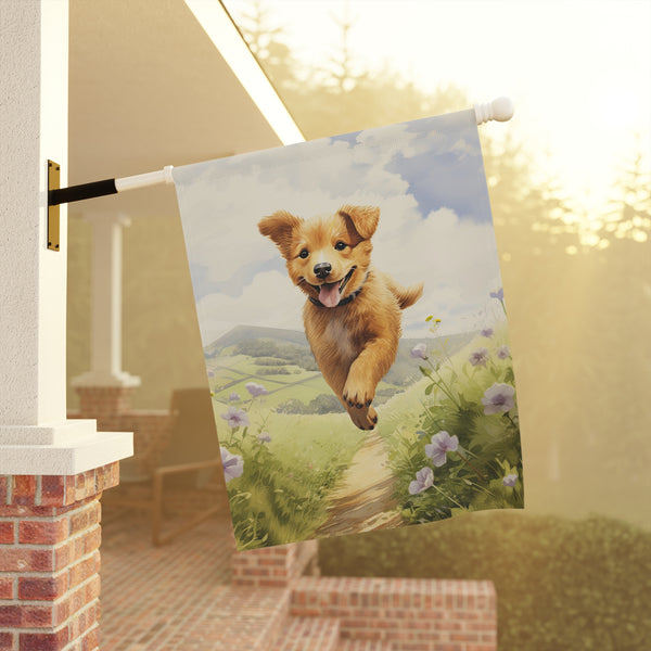 Decorative towel with a dog design hanging on a railing outdoors.