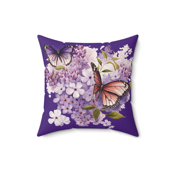 Decorative pillow with butterflies and flowers on a purple background