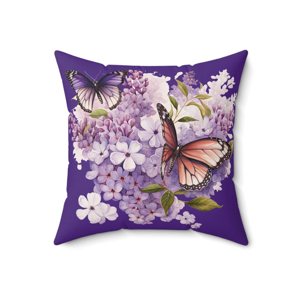 Decorative pillow with butterflies and flowers on a purple background