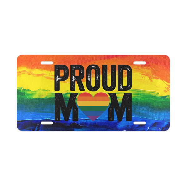 License plate with rainbow design and 'Proud Mom' text on a white background