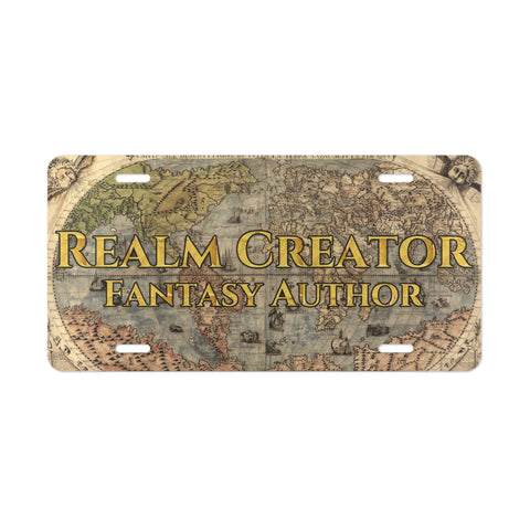 License plate with world map design and 'Realm Creator Fantasy Author' text on a white background