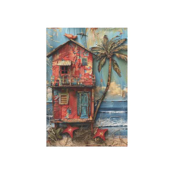 Painting of a red beach hut with a palm tree and ocean background