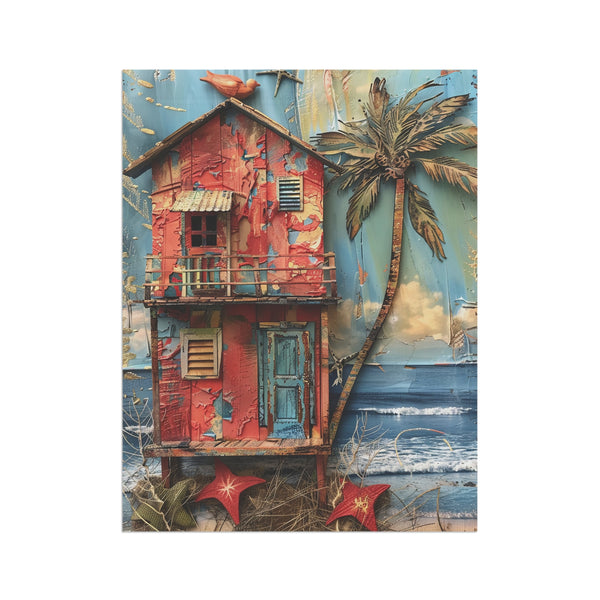 Artistic depiction of a red house with a palm tree against a blue sky.
