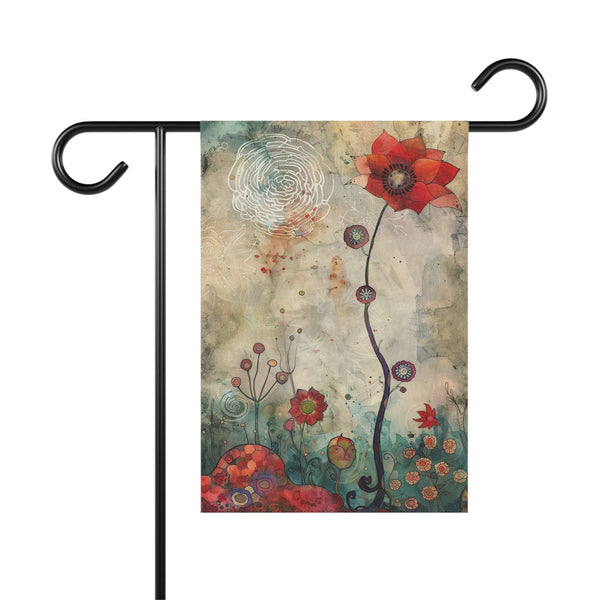 Decorative garden flag with red flowers on a textured background, attached to a black metal flagpole.
