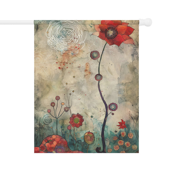 Decorative flag with abstract floral design on a textured background
