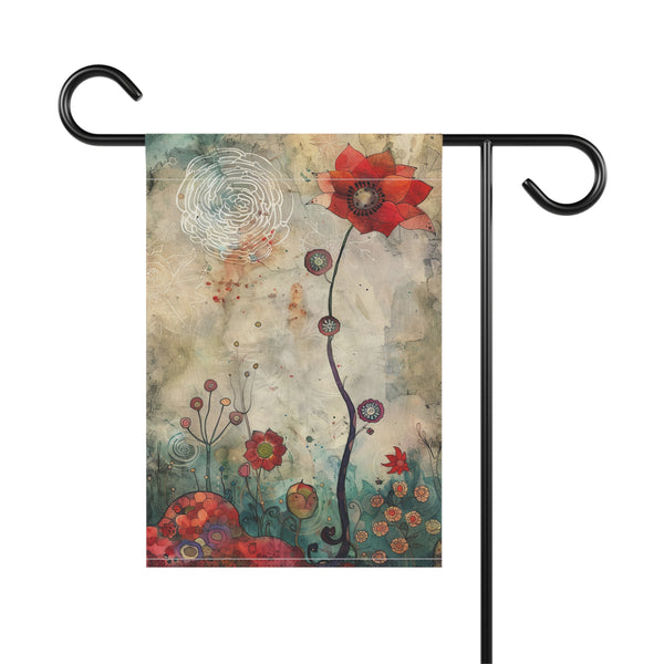 Decorative garden flag with floral design on a white background