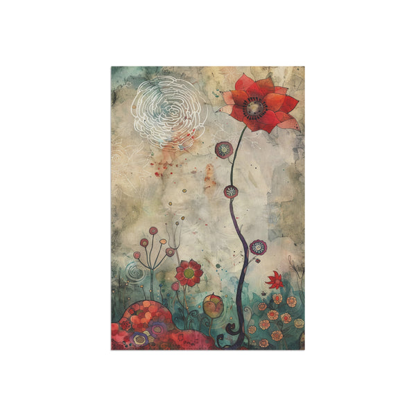 Abstract art piece with red flowers and swirling patterns on a textured background