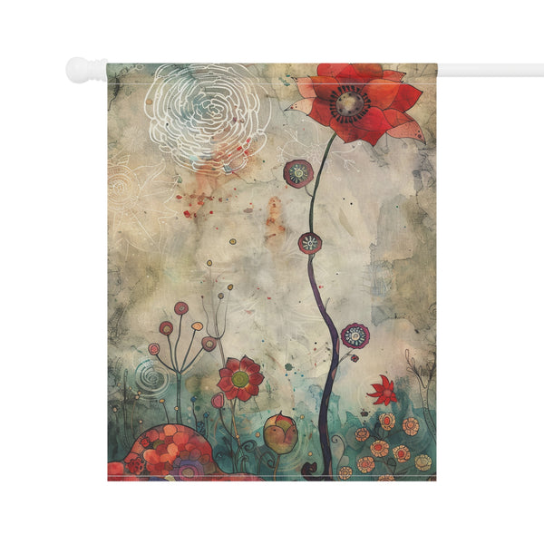 Decorative flag with abstract floral design on a textured background