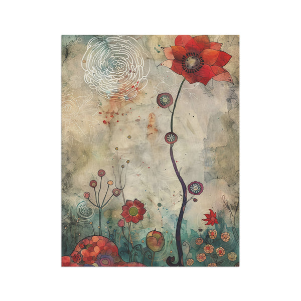 Abstract artwork with red flowers and textured background