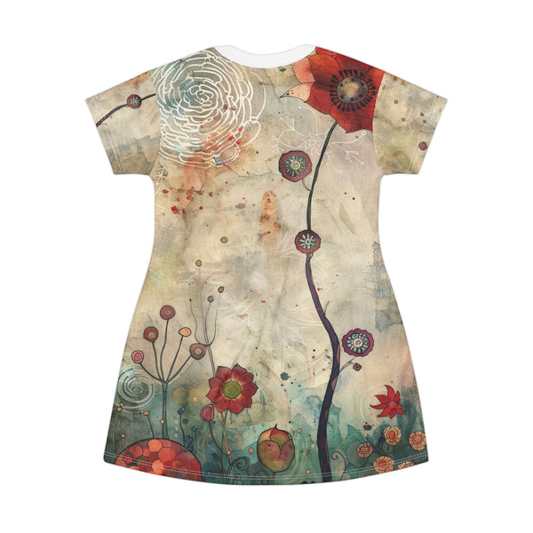 Bohemian Floral T-Shirt Dress, Casual Summer Red Poppy Abstract Retro