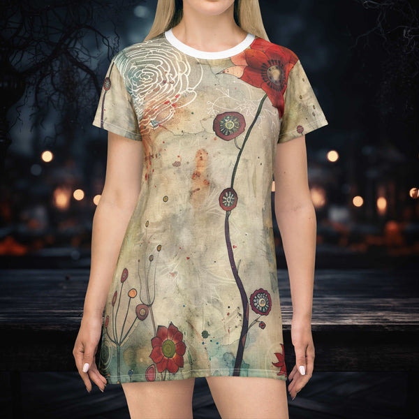 Bohemian Floral T-Shirt Dress, Casual Summer Red Poppy Abstract Retro