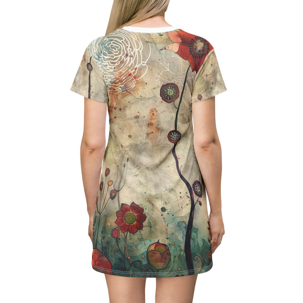 Bohemian Floral T-Shirt Dress, Casual Summer Red Poppy Abstract Retro