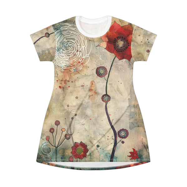 Bohemian Floral T-Shirt Dress, Casual Summer Red Poppy Abstract Retro