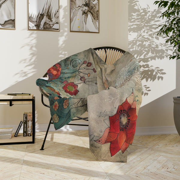 Velveteen Microfiber Blanket, Decorative Throw Blanket for Couch Plush Red Poppy