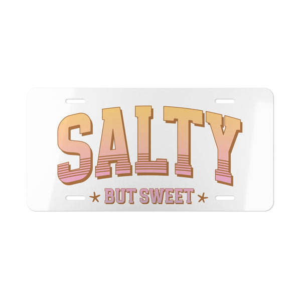 License plate with 'Salty But Sweet' text on a white background