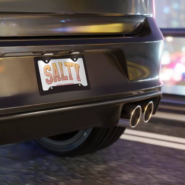 Car rear with 'SALTY' license plate on a blurred background