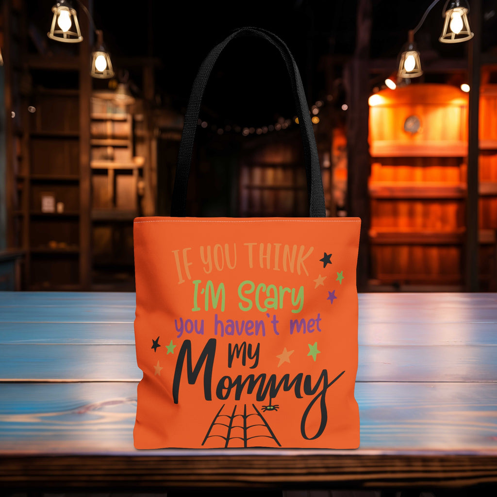 Scary Mommy Halloween Trick or Treat Bag sitting on a table