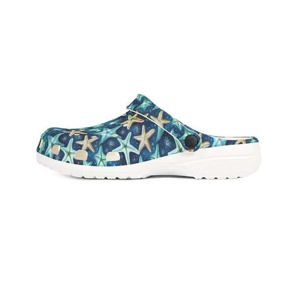 Blue clog shoe with starfish pattern on a white background