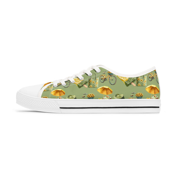 Sneaker with bicycle and yellow flower pattern on a white background